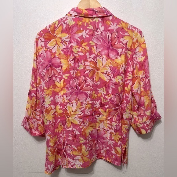 LIZ‎ CLAIBORNE 100% Linen Long Sleeve Colorful Floral Button Up Blouse Petite M - Picture 2 of 6